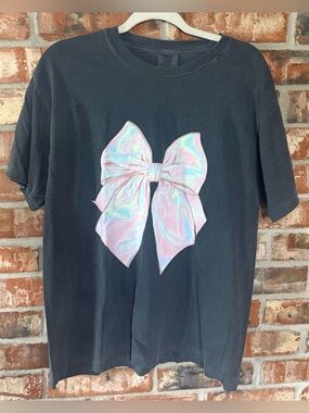 Comfort Colors Pepper Tee with Iridescent Pink Bow Graphic